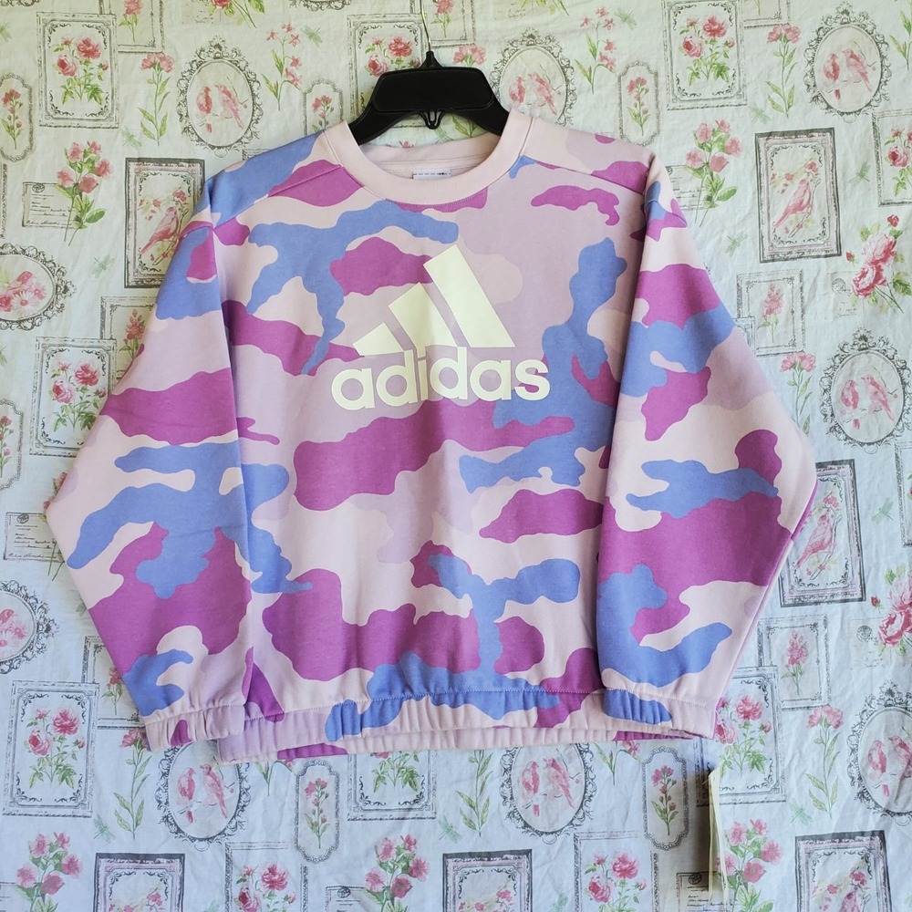 Adidas Girl Sz L 14‎ Crewneck Sweater Purple Camo Loose Fit